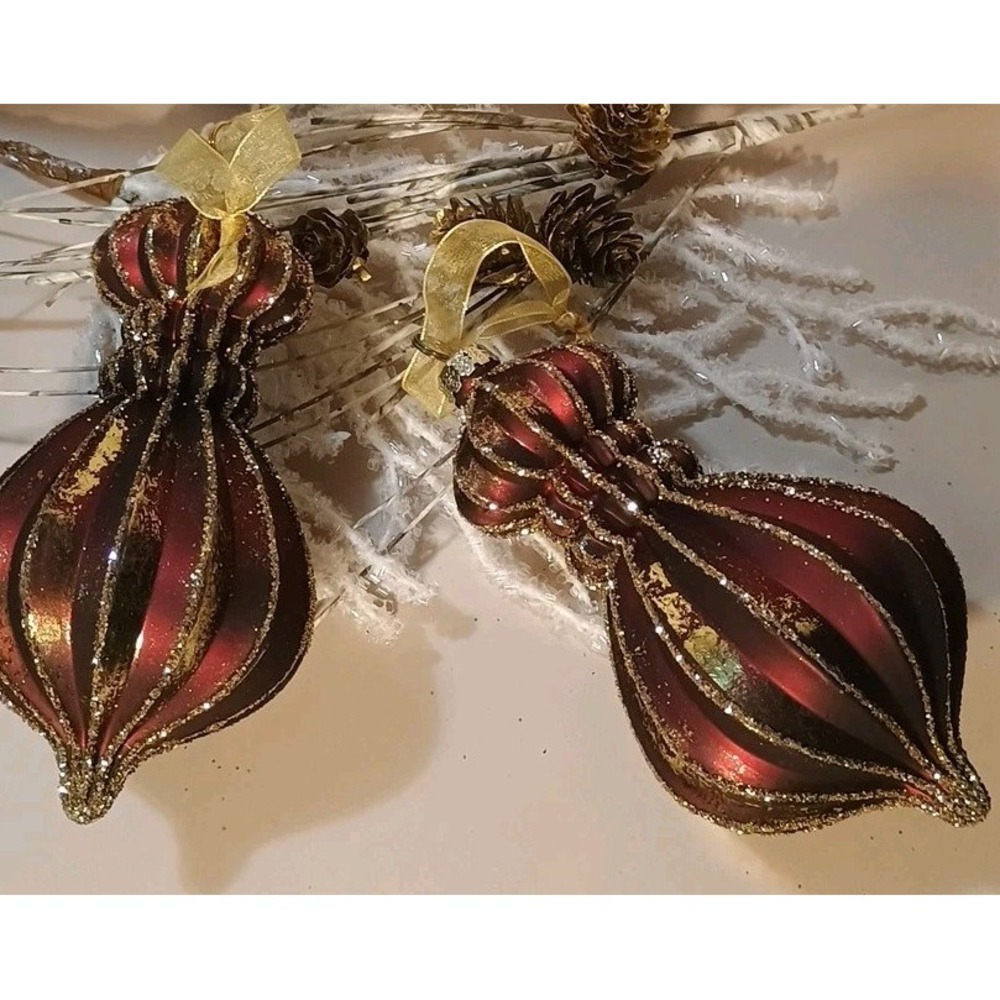 Pair Of Frontgate Striped Glass Ornaments Glitter‎ Maroon & Gold Finial Shape